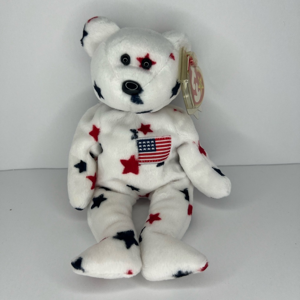 Ty Stuffed Bear - White with Red and Blue Stars